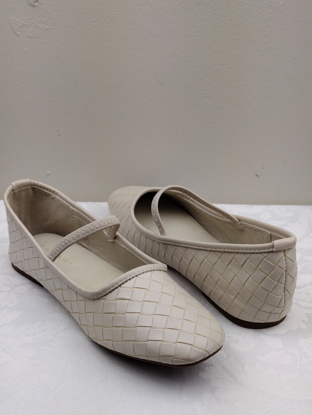 Tahari Ollys Cream Woven Synthetic Square Toe Elastic Strap Flat Mary Jane Shoe
